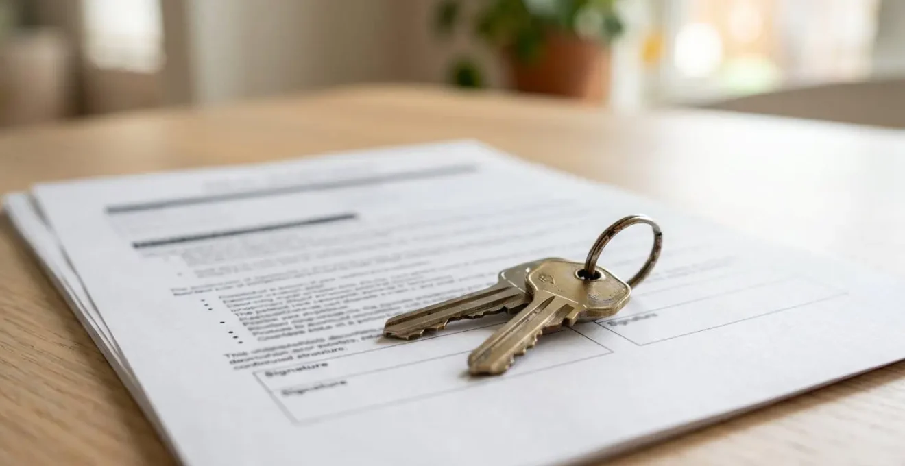 Primo piano ravvicinato di un documento contrattuale immobiliare posato su una superficie moderna pulita accanto a un mazzo di chiavi