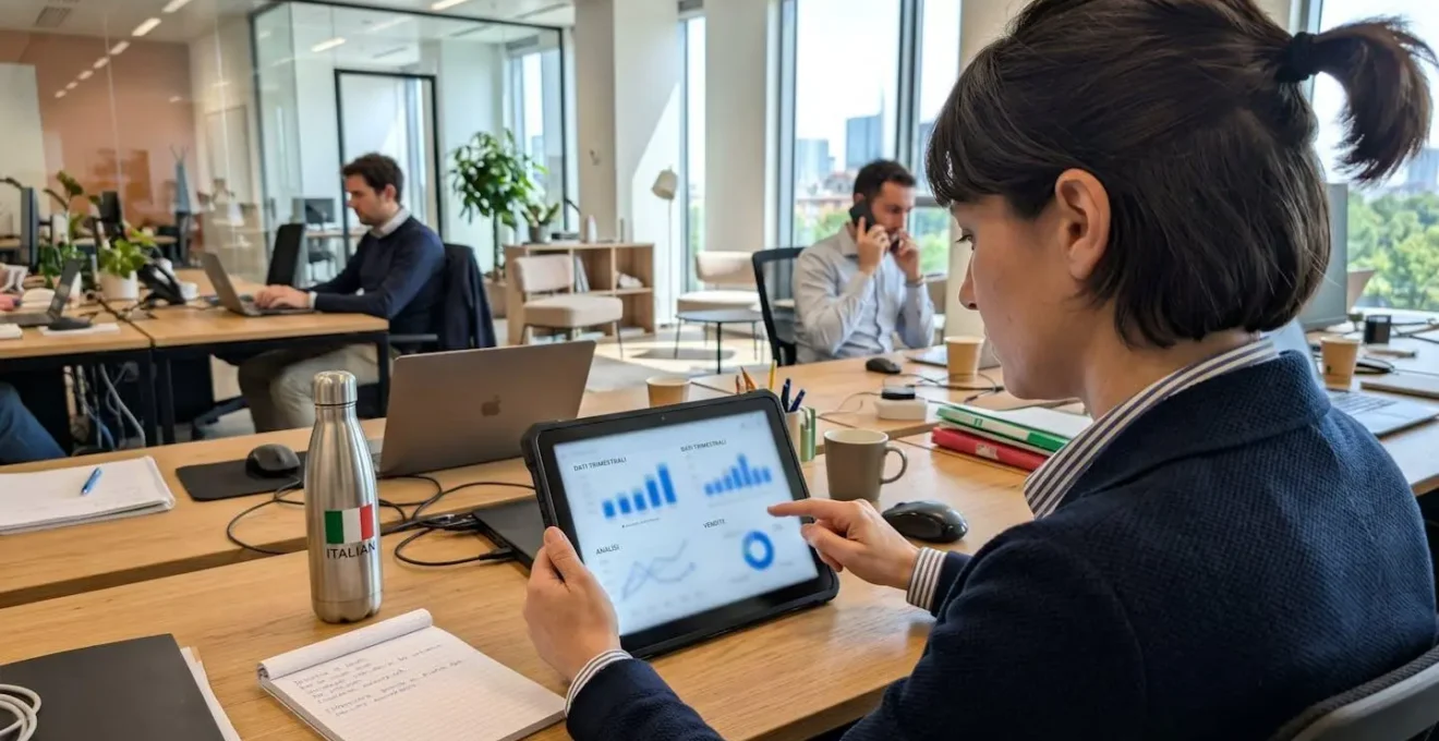 Un professionista visto di profilo consulta grafici e tabelle su un tablet in un ufficio contemporaneo luminoso