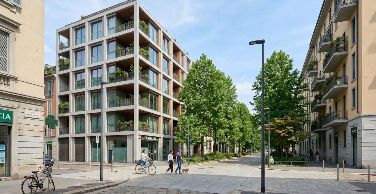 Vista di un quartiere residenziale milanese con architettura contemporanea, edifici moderni e strade alberate sotto un cielo sereno