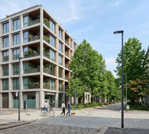 Vista di un quartiere residenziale milanese con architettura contemporanea, edifici moderni e strade alberate sotto un cielo sereno